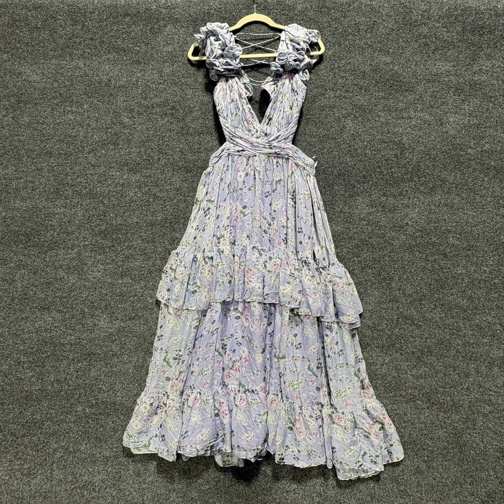Mac Duggal Dress Womens 10 Multicolor Floral Ruffle Tiered V Neck Maxi Gown